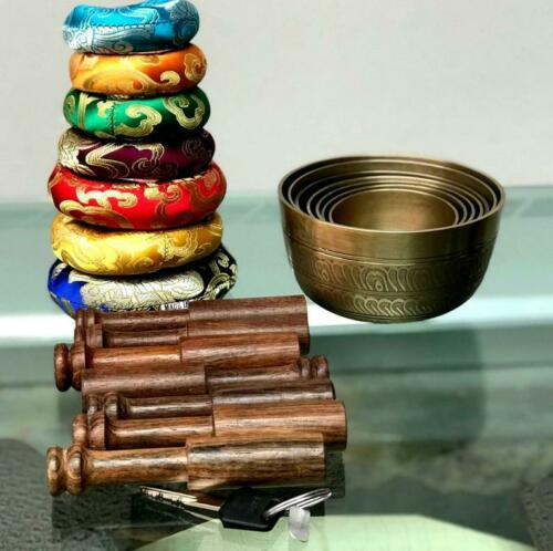 Seven Chakra Healing Bowls with gift box accessory - Handmade Singing Bowls from Nepal