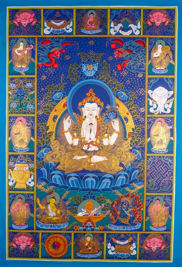 The compassion of all Buddhas - Chengresi | Tibetan Thangka Painting | Handmade Using Natural Colors | Cotton Canvas