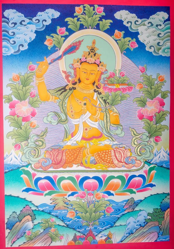Manjushri Thangka Painting | Handmade spiritual Art on Cotton Canvas | Ideal for Meditation practices | Spiritual Wall Hanging