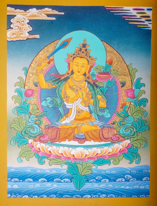Tibetan Thangka Painting of Manjushri | Handmade art for home decor | Spiritual tool for Wall hanging
