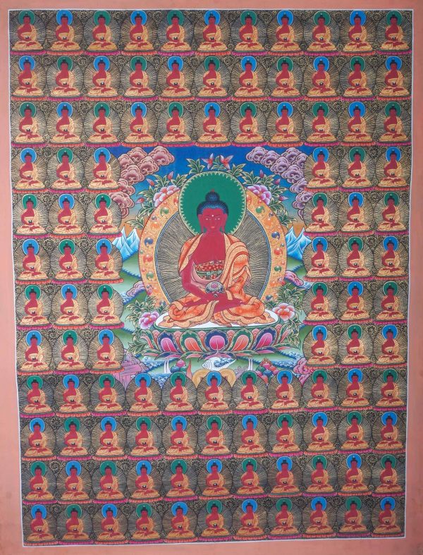 Tibetan Thangka painting of 108 Amitabha Buddha | Handmade art from Nepal | Spiritual tool for Home Decor | Wall Hanging
