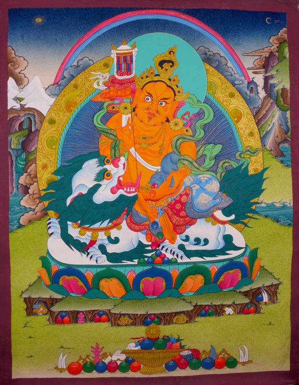 Singh Zambala Tibetan Thangka Painting | Buddhist Artwork for Wall Decor | Used for Religious Practices | Blessings for Good Fortune