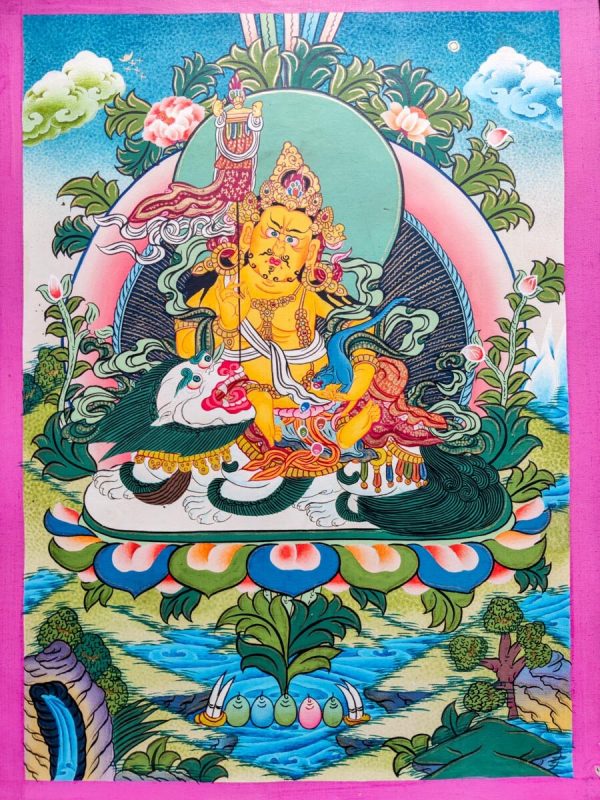 Tibetan Thangka Painting of Singh Zambala | Buddhist Artwork for Wall Decor | Blessings for Good Fortune | Meditational Altar