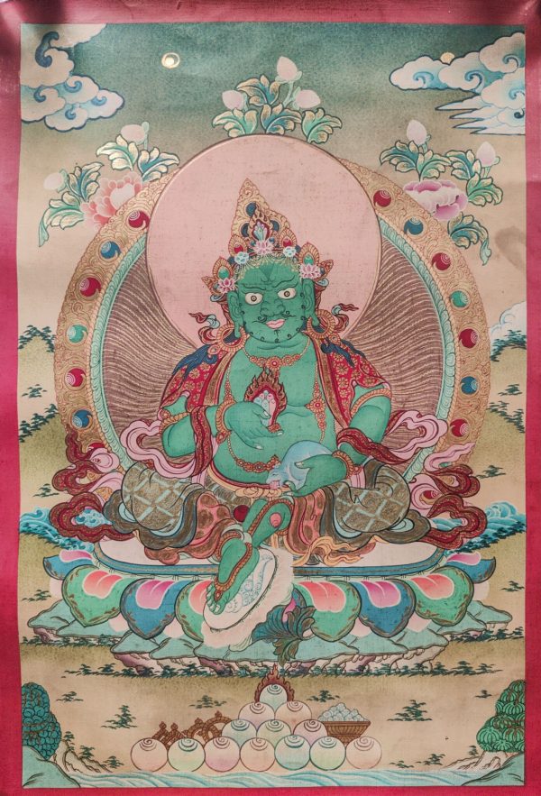 Green Zambala Tibetan Thangka Painting - God of Wealth and Prosperity | Tibetan Artwork for Wall Decor | Used as Meditational Practices