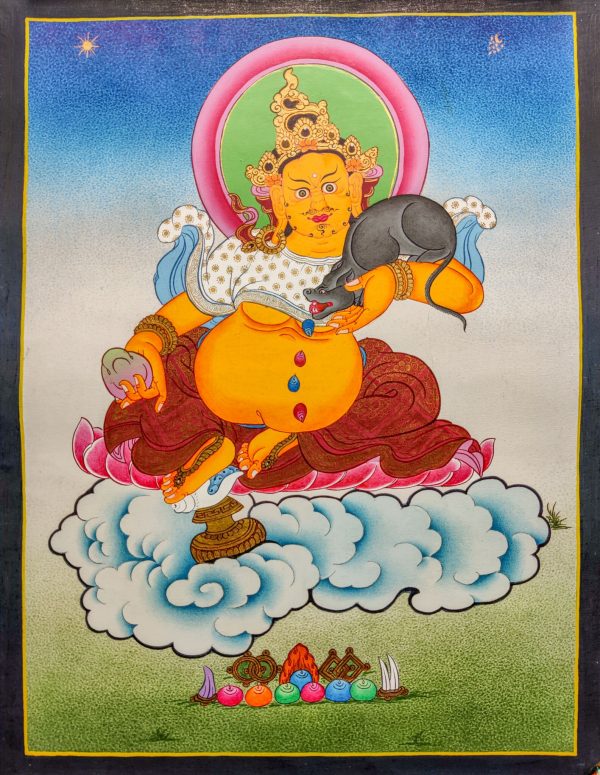 Handmade Thangka Painting of Zambala - God of Wealth | Tibetan Artwork for Wall Decor | Meditational Altar