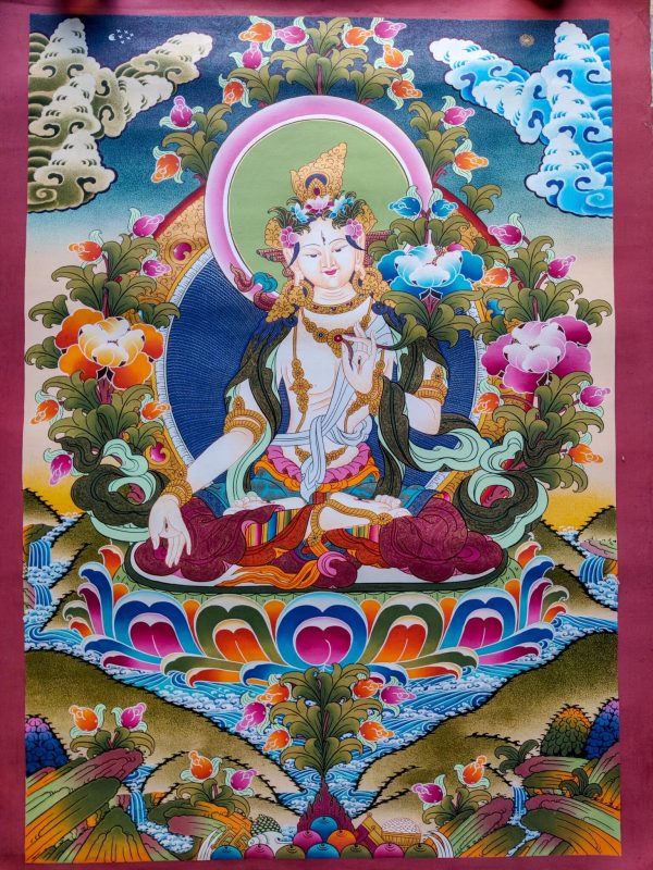 Tibetan Thangka Painting of White Tara for Longevity | Handmade Artwork from Nepal | Religious and Spiritual Wall Decor