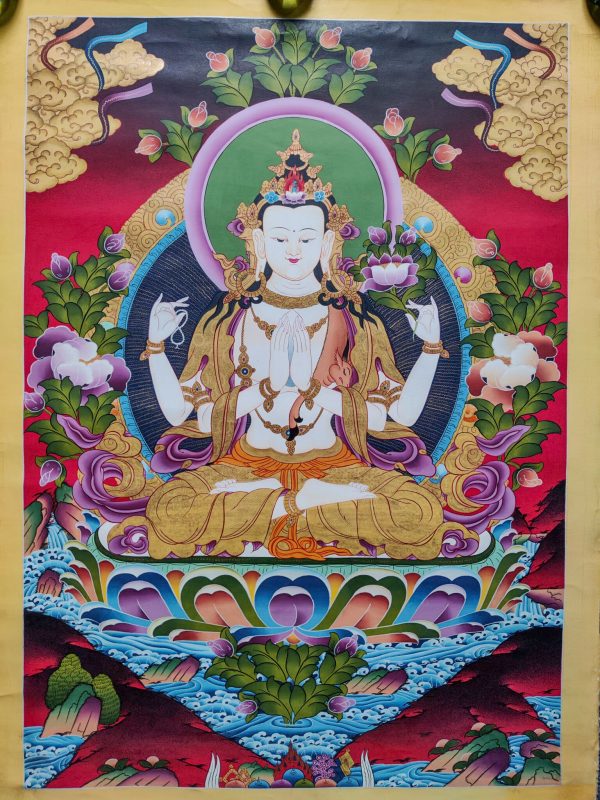 Hand-painted Chengresi Thangka Painting | Authentic Himalayan Spiritual Wall Hanging | Sacred Meditation Piece for Home Decor