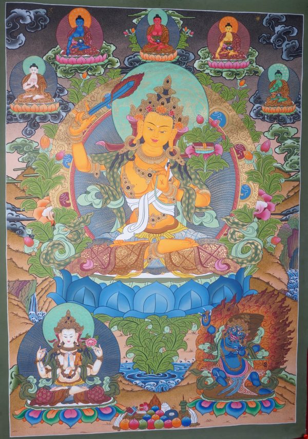 Exquisite Hand-painted Manjushri Thangka | Traditional Himalayan Spiritual Wall Hanging | Spiritual Gifts and art