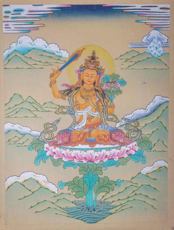 Manjushri - The Bodhisattva of Wisdom | Tibetan Thangka Painting | Handmade Art from Nepal | Meditational tool for Spiritual practices