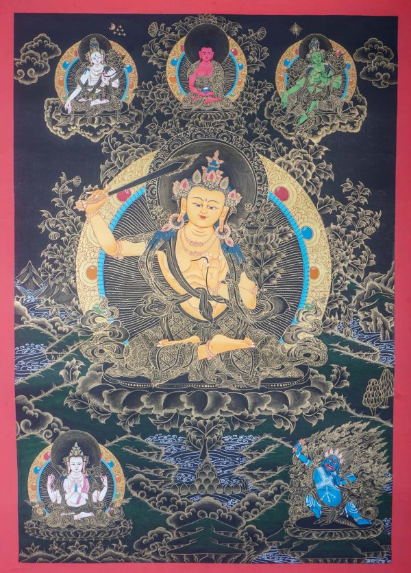 Exquisite Hand-painted Manjushri Thangka | The Bodhisattva of Wisdom | 100% Handcrafted Ethereal Art on Canvas | Wall Decor