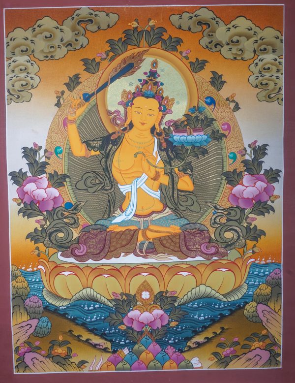 Authentic Tibetan Buddhist Artwork Depicting Manjushri Thangka | Handmade painting | Ideal for Yoga and Meditation Practices