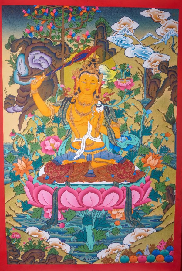 Tibetan Manjushri Thangka | Spiritual Handmade painting for your Home Shrine | Authentic Art | Wall Hanging