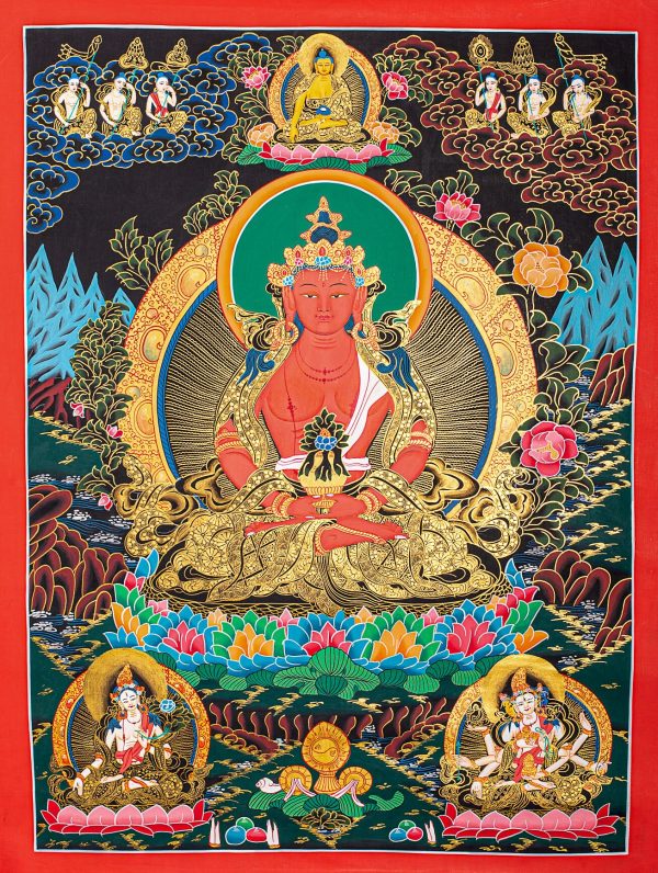 Authentic Art of Amitayus Thangka for wellness and spiritual nourishment | Tibetan Thangka painting | Canvas Painting