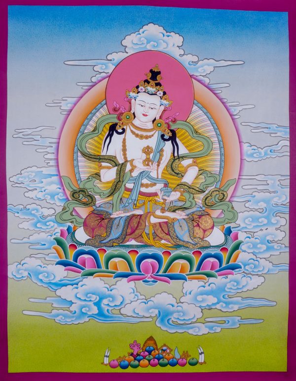 Handmade Thangka Painting of Buddhist Deity - Vajrasattva | Spiritual and Religious Arts and Gifts | Sacred Wall Hanging Art
