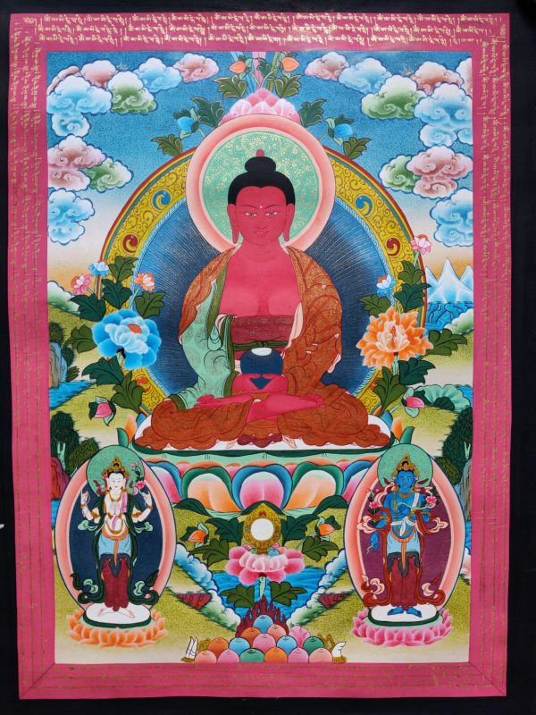 Hand-painted Amitabha Buddha Thangka | A pure Land | Meditation Piece for Home Decor | Wall Hanging