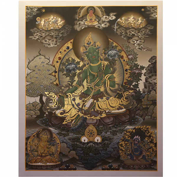 31" x 39" Green Tara | Boddhisattva | Spiritual | Handpainted | Handmade Thangka Thanka painting on cotton canvas