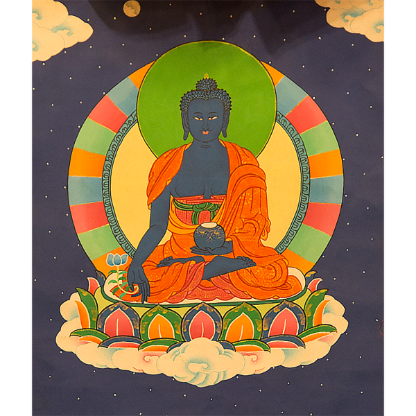 Medicine Buddha in silky frame - handmade thangka painting from Nepal