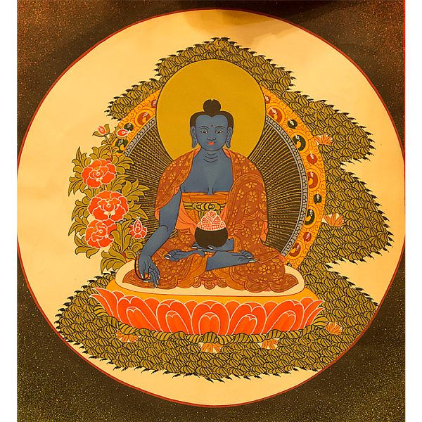 Medicine Buddha in silky framing - handmade thangka painting from Nepal