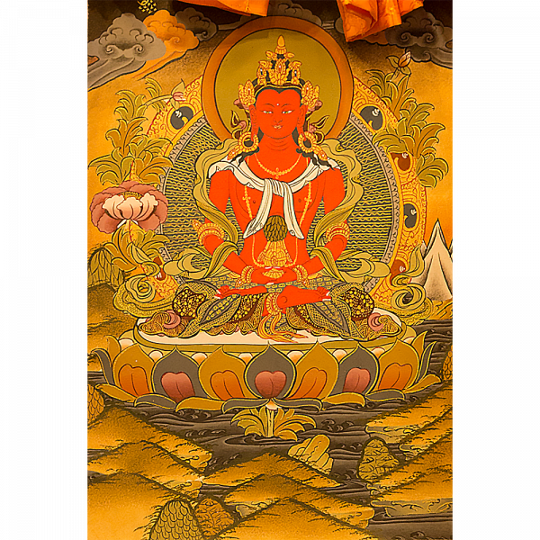 Amitayus Buddha in silky framing - handmade thangka painting from Nepal