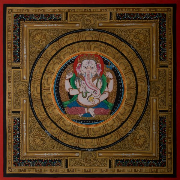 Ganesh in Mandala(Unique Piece) - Handmade Thangka Thanka Painting from Nepal