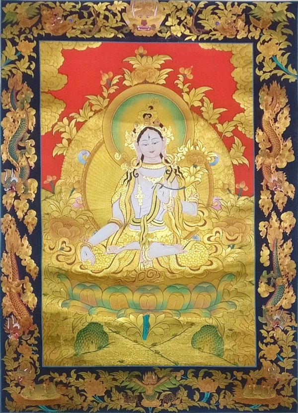 White Tara Dragon on cotton canvas - handmade thangka painting from Nepal